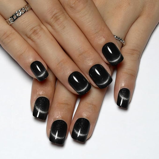 Gunmetal Silver Press On Nails Short Square,Cat Eye Fake Nails,Defined Smile Line Design with a Radiant Gloss Effect, Glossy Gel Finish Short Press On Nails, Thick Reusable Glue On Nails for Women