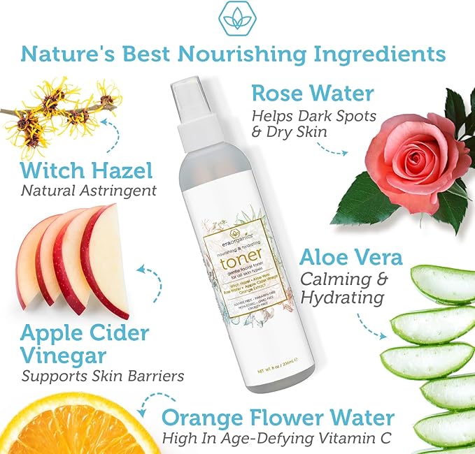 Era Organics Hydrating Toner for Face - Refreshing and Balancing Anti Aging Facial Mist with Rose Water, Apple Cider Vinegar, Witch Hazel-VivaGrace Women