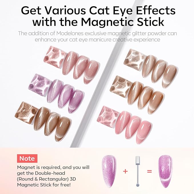 modelones Cat Eye Gel Nail Polish 6 Colors Nude Pink Brown Purple Cat Eye Nail Polish Glitter Semi-transparent Holographic 9D With Magnet Pastel All Seasons Soak Off Led Nail Art DIY Salon Gifts-VivaGrace Women