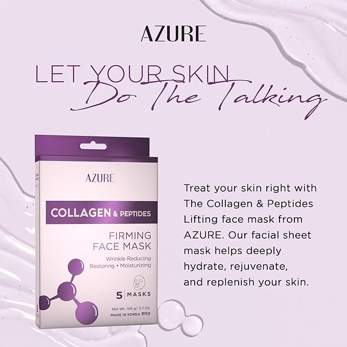 Azure Cosmetics Collagen & Peptides Lifting Facial Sheet - Restoring, Smoothing & Moisturizing Face Mask - Helps Reduce Fine Lines & Wrinkles, Smooths & Repairs - Skin Care Made in Korea - Pack of 5-VivaGrace Women