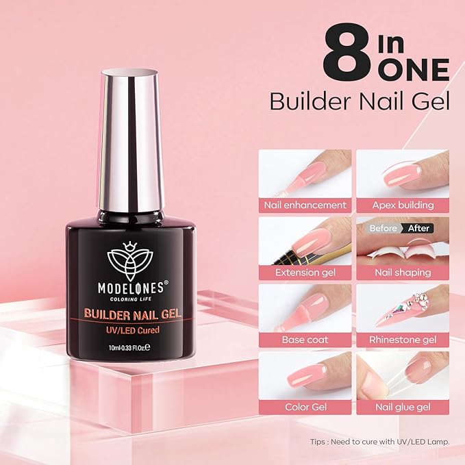 modelones Builder Nail Gel, 8-in-One Jelly Pink Builder, Peachy Pink Rubber Base Gel Polish, LED Lamp Cured Nude Color Base Hardener, Apex Building Strengthener Extension for Girls Home DIY Salon-VivaGrace Women