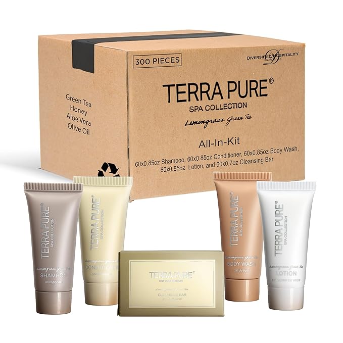 Terra Pure Spa Collection Bulk Set Toiletries | 1-Shoppe All-In-Kit Amenities for Hotels & Airbnb | 0.85 oz Hotel Shampoo & Conditioner, Body Wash, Lotion & Cleansing Bar Travel Size Tubes| 300 Pieces-VivaGrace Women