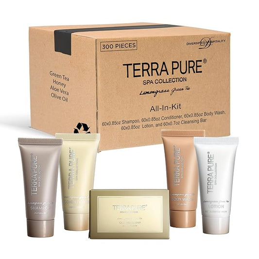 Terra Pure Spa Collection Bulk Set Toiletries | 1-Shoppe All-In-Kit Amenities for Hotels & Airbnb | 0.85 oz Hotel Shampoo & Conditioner, Body Wash, Lotion & Cleansing Bar Travel Size Tubes| 300 Pieces-VivaGrace Women