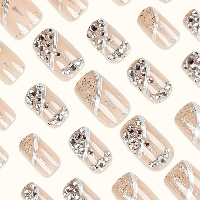 Press on Nails for Women Medium Square Fake Nails Sparkly False Nails with Rhinestones Designs Gold Glitter Artificial Nails Silver Line Glue on Nails Cute Stick on Nails 24Pcs