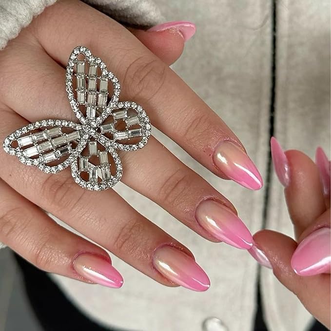Ombre Pink Chrome Press on Nails Almond Medium Fake Nails with Mirror Designs Glossy Glue on Acrylic False Nails for Women and Girls