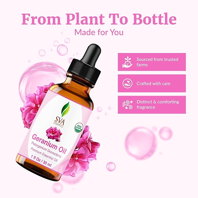 SVA Geranium Essential Oil Organic – 1 Fl Oz – 100% Natural Organic Geranium Oil - for Diffuser, Hair Care, Face, Skin Care, Aromatherapy, Scalp and Body Massage, Soap and Candle making – with Dropper-VivaGrace Women