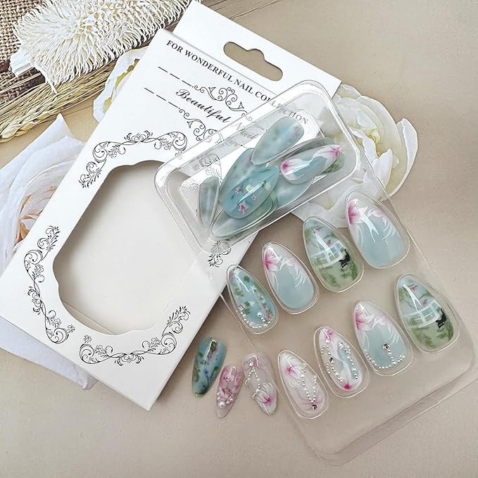 24Pcs Flower Press on Nails Medium Almond Lotus Leaf Fake Nails with Pearl Gems Bow Design Cute Cat False Nails Spring Summer Full Cover Artificial Glue on Nails Handmade Stick on Nails for Women DIY