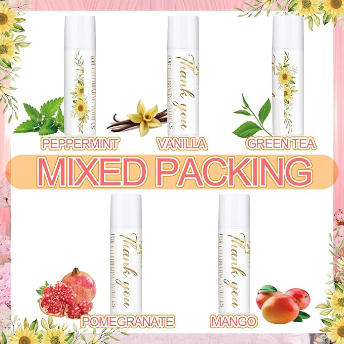 Dunzy 50 Pcs Thank You Gift Lip Balm Bulk Baby Shower Party Favors Bridal Shower Favor Lip Care with Assorted Fruit Flavors Thank You Lipstick for Guest Basket Gift Stuffer (Sunflower)-VivaGrace Women