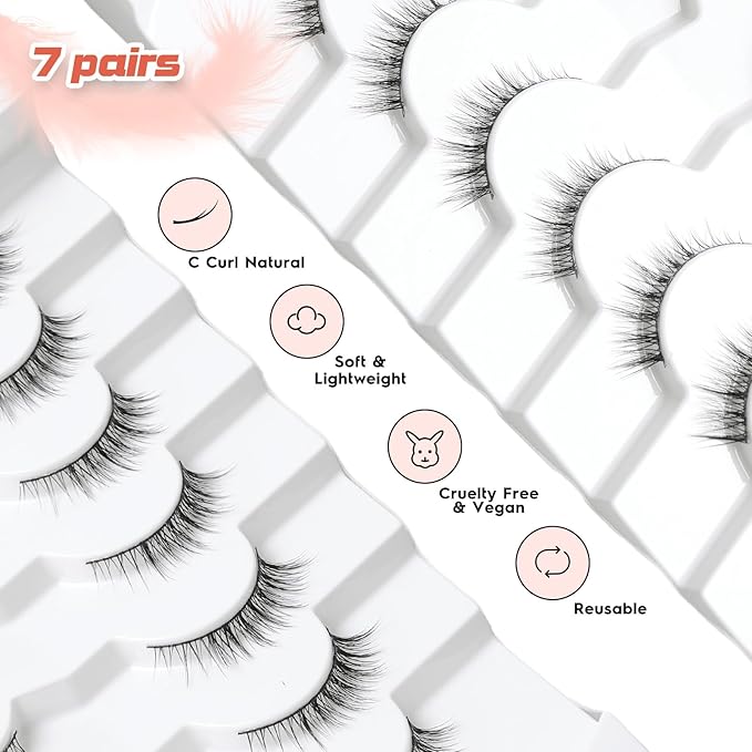 Natural Lashes Wispy Eyelashes Natural Look Short Lashes Pack 12mm Eyelashes C Curl False Lashes Thinner Band 3D Volume Fake Eyelashes 7 Pair Siligli-VivaGrace Women