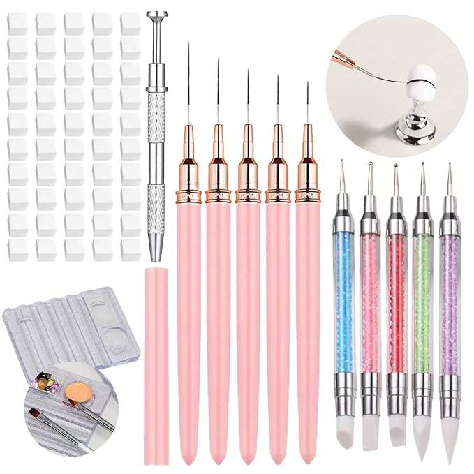 62 Pcs Nail Art Brushes Set,5 Pcs Striping Liner Brush,5 Pcs Dual Tipped Silicone Dotting Sculpture Pen,50 Pcs Nail Sponges for Ombre with Grabbing Pen,Mixing Palette Pen Holder-VivaGrace Women