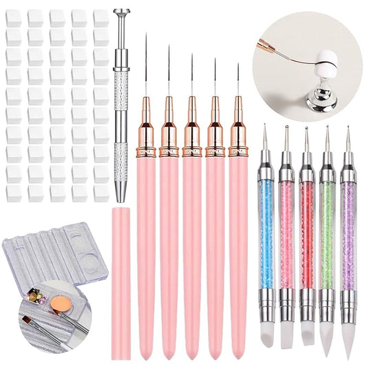 62 Pcs Nail Art Brushes Set,5 Pcs Striping Liner Brush,5 Pcs Dual Tipped Silicone Dotting Sculpture Pen,50 Pcs Nail Sponges for Ombre with Grabbing Pen,Mixing Palette Pen Holder-VivaGrace Women