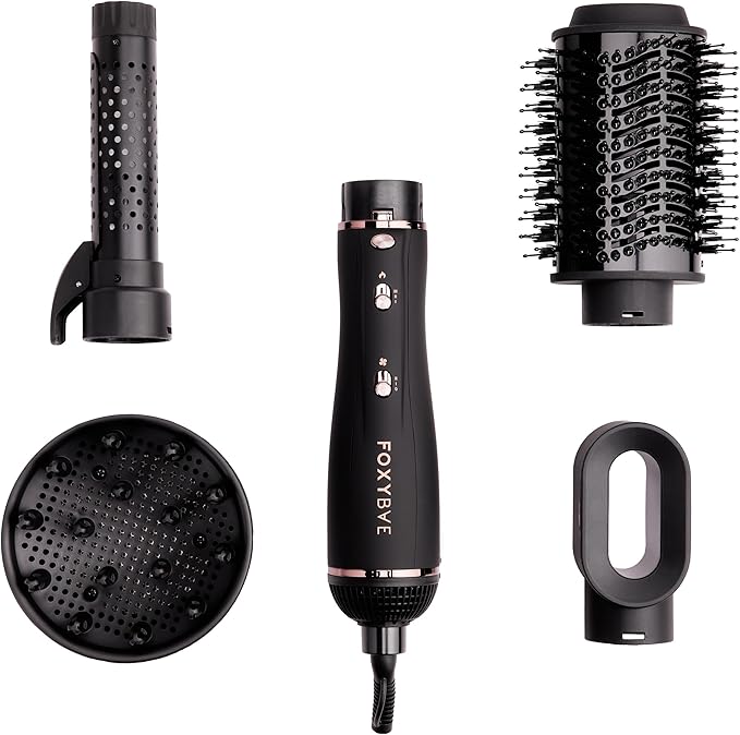 Foxybae Super Styler – 4-in-1 Blow Dryer Brush Set - Diffuser, Blowout Brush, 1.25” Curling Barrel & Drying Cylinder - Voluminous, Frizz-free Hair - Blow Dryer, Straightener & Curler [Black Rose-Gold]-VivaGrace Women