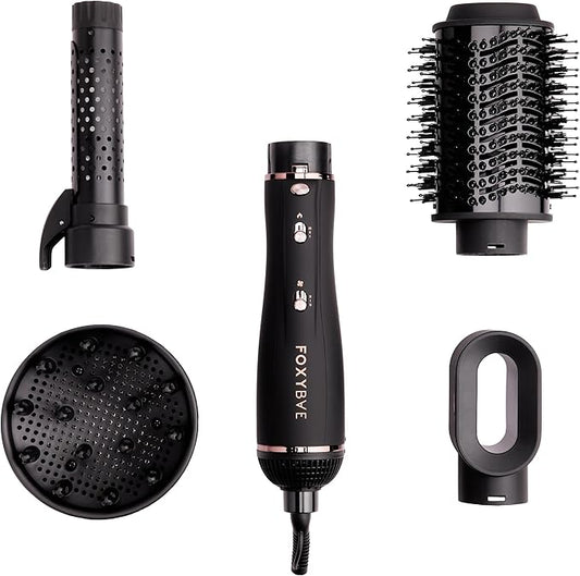 Foxybae Super Styler – 4-in-1 Blow Dryer Brush Set - Diffuser, Blowout Brush, 1.25” Curling Barrel & Drying Cylinder - Voluminous, Frizz-free Hair - Blow Dryer, Straightener & Curler [Black Rose-Gold]-VivaGrace Women