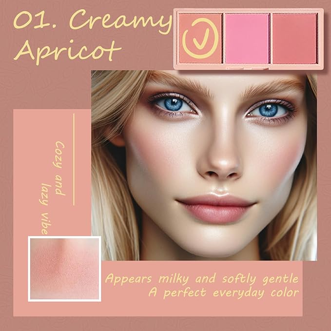 3 Color Matte Pink Blush Palette with Brush, Long Lasting Cheek Makeup, Smooth and Light Blush Powder for Face Beauty-VivaGrace Women