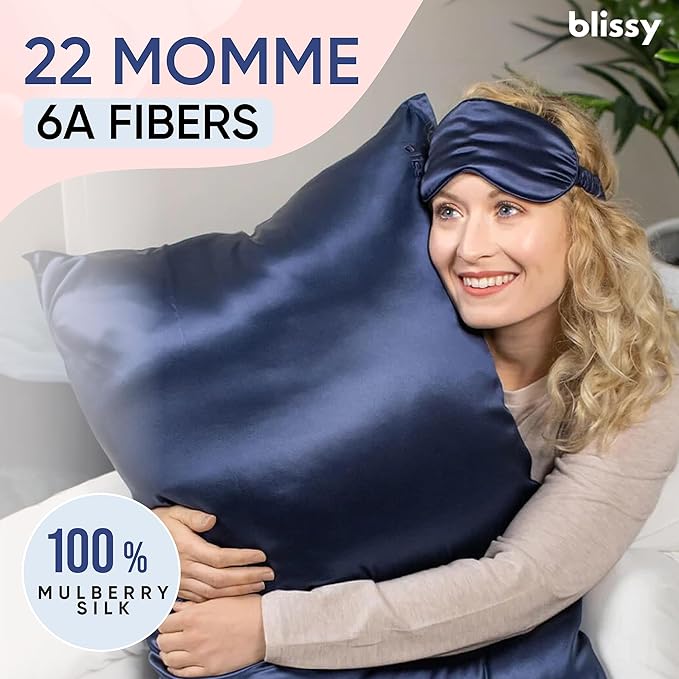 Blissy Silk Pillowcase - 100% Pure Mulberry Silk - 22 Momme 6A High-Grade Fibers - Silk Pillow Cover for Hair & Skin - Regular, Queen & King (Blue, Queen)-VivaGrace Women
