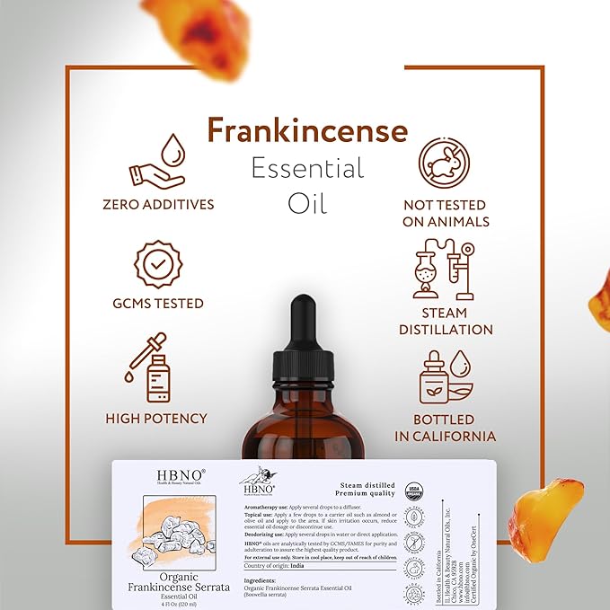 HBNO California Bottled Organic Frankincense Essential Oil 4 fl oz (120ml) - USDA Certified Oil - Organic Frankincense Essential Oil for Skin and Aromtherapy-VivaGrace Women