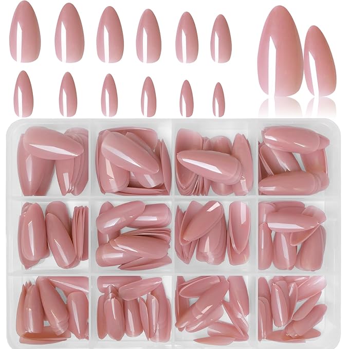 LoveOurHome 240pc Nude Almond Press on Nails Medium Fake Nails Nude Glue on Nails Short Stiletto Nails Press ons Full Cover Artificial Nail Tips Women Girls False Fingernail with Glue Adhesive Tabs