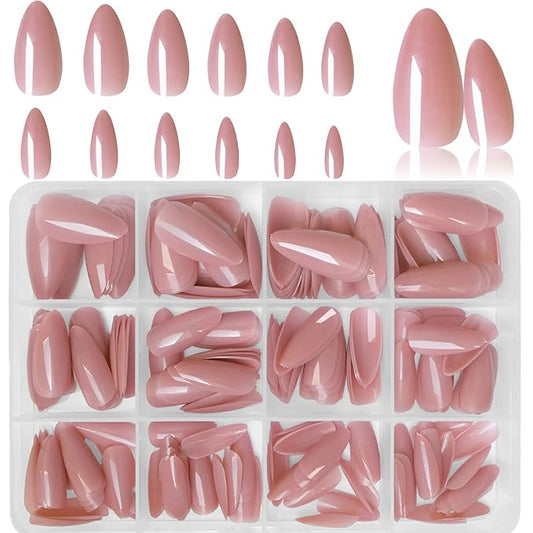 LoveOurHome 240pc Nude Almond Press on Nails Medium Fake Nails Nude Glue on Nails Short Stiletto Nails Press ons Full Cover Artificial Nail Tips Women Girls False Fingernail with Glue Adhesive Tabs