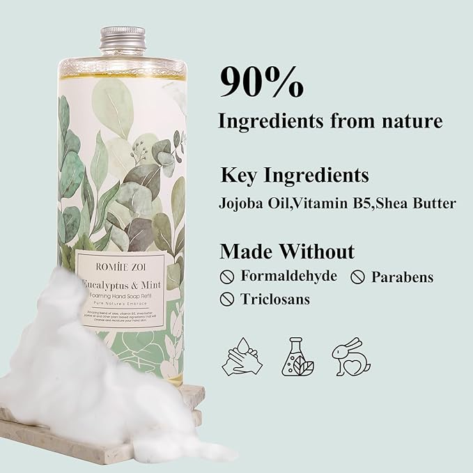 Eucalyptus & Mint Scented Foaming Hand Soap Refill Gift Set - 3 Pack with Dispenser, Non-Toxic and Biodegradable Formula, Moisturizing Essential Oils for Sensitive Skin (33.8 Fl Oz x 3)