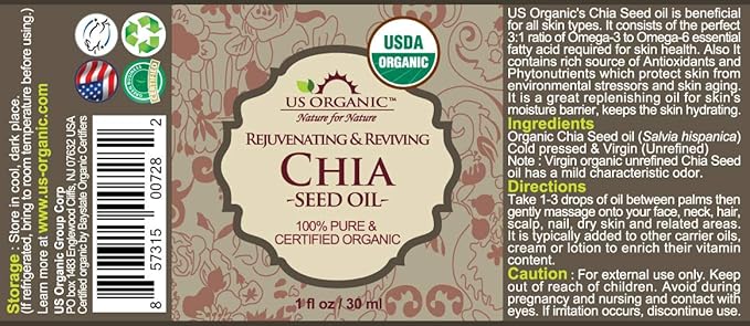 US Organic Chia Seed Oil, Certified Organic, Pure & Natural, Cold Pressed Virgin, Unrefined, Sourced from Paraguay, in Amber Glass Bottle w/Glass Eyedropper (1 oz (30 ml))-VivaGrace Women