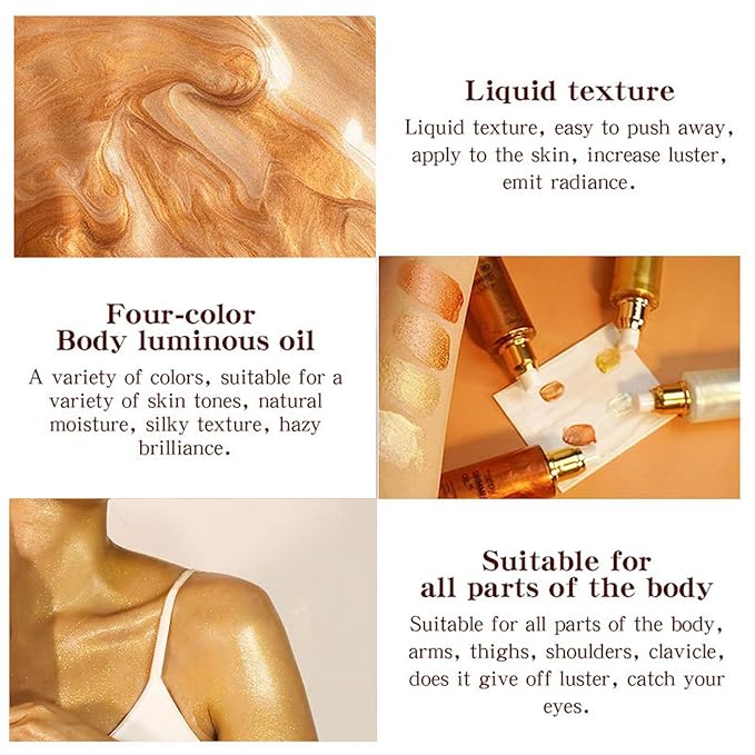 Shimmer Body Oil-Gold Face Brighten Glow Pearl Highlighter Liquid Illuminator Body Glow Oil,4 Color Bronze Makeup Glitter Body Shimmer Oil with Makeup Brush-VivaGrace Women
