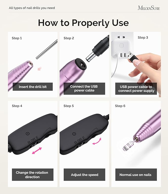 MelodySusie Electric USB Nail Drill Machine,PC120I Portable Electric Nail File Efile Set for Acrylic Gel Nails, Manicure Pedicure Tool with Nail Drill Bits Sanding Bands (Purple)-VivaGrace Women