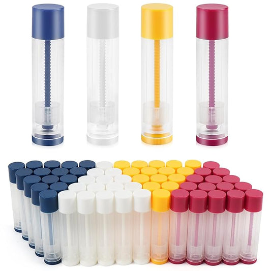 LotFancy Lip Balm Tubes, 60 Empty, 5.5ml, Clear Plastic Containers with 4 Color Caps, BPA Free, Leak Free, Refillable (Yellow White Blue Red)-VivaGrace Women