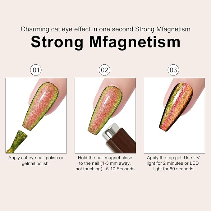 3 In 1 Nail Magnet, Multifunctional Cat Eye Gel Nail Polish Magnet with Octagonal Mahogany Shell Protective Cover for Cat Eye Nail Art Design (Black Walnut)