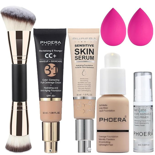 PHOERA Foundation, PHOERA Contour Palette,Shades with Highlighter & Bronzer & Blush,PHOERA Makeup Lightweight Long Lasting Wrinkles Matte Natural Finish (102+120CC+N02/ Nude+Nude +Nude)-VivaGrace Women