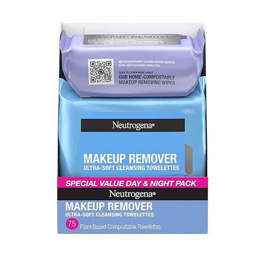 Neutrogena Day & Night Wipes, Makeup Remover Face Cleansing Towelettes & Night Calming Facial Cloths, 100% Plant Based Fibers Wipe Away Dirt, Alcohol-Free, 3 Packs of 25 ct, 75 ct-VivaGrace Women