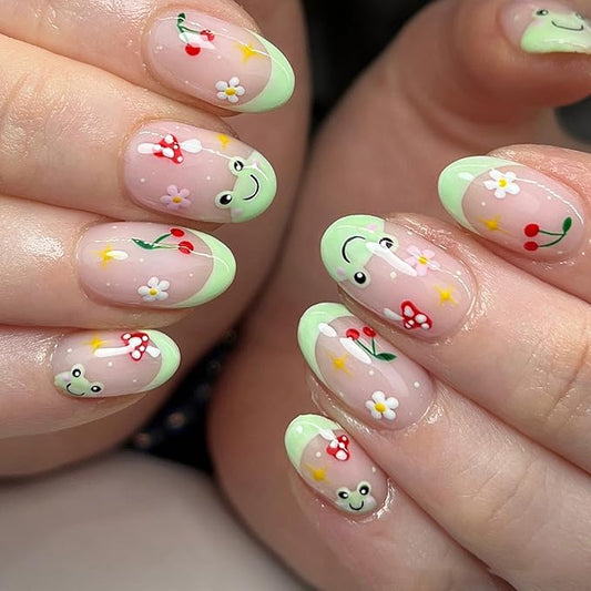 Cute Almond Press on Nails Short Green French Tip Fake Nails Summer False Nails with Frog Designs Flowers Cherry Acrylic Nails Glossy Glue on Nails Mushroom Reusable Stick on Nails 24 Pcs