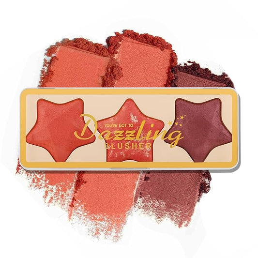 Boobeen 3 Colors Baked Shimmer Highlight & Blush Palette, Powder Palette Facial Bronzers Illuminator Makeup Palette, Lightweight Highlighter Blusher Contour for Cheeks, Lasting Natural Glowing-VivaGrace Women