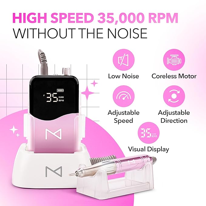 M Mase- Professional Nail Drill Machine - Coreless 2-in-1 Nail File - Electric, Cordless, 35000 RPM, HD Display - Electric Nail Drill for Professional & Home Use (Unicorn Pink)-VivaGrace Women