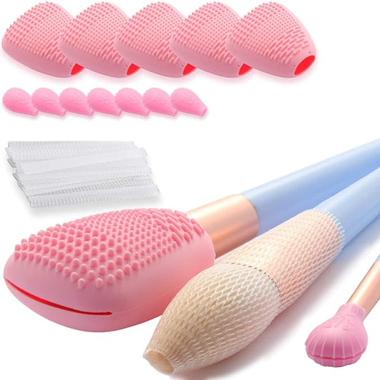 Silicone Travel Make-up Brush Holder with Cleaner Mat Pad, Organizer Case Covers for Foundation Eye Lip Brushes Storage Cleaning, Gift for Women Girl-friend Mother Wife, 5-Pcs Large + 7 Small, Pink-VivaGrace Women