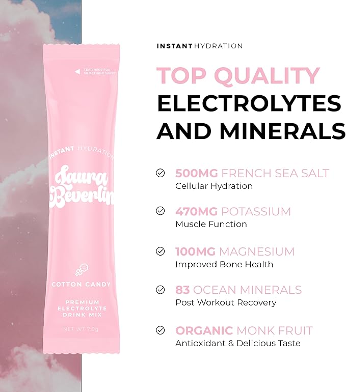 Instant Hydration Electrolytes Powder Packets - Cotton Candy Drink Mix - Zero Sugar - Keto, Vegan, Gluten-Free, Non-GMO - Boost Recovery, Brain Health, Muscle & Tissue Support- 30 Sticks-VivaGrace Women
