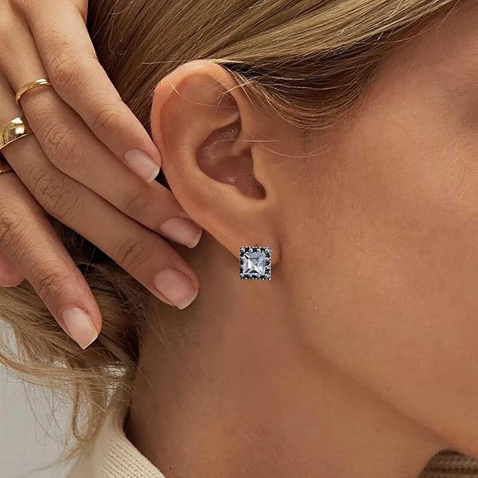 Boho Tiny Crystal Square Earrings Silver Cz Square Earrings Cz Rhinestone Square Stud Earrings Silver Geometric Earrings Jewelry for Women and Girls-VivaGrace Women