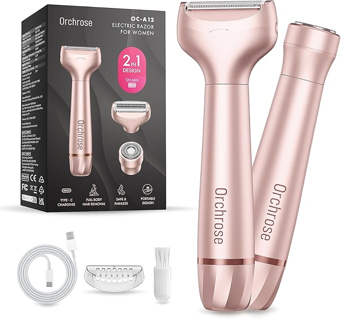 Electric Razor for Women Body: Rechargeable Painless Electric Shaver for Bikini Face Body Legs Underarms - 3-in-1 Blade and Rotary Shaving Head (Rose Gold)-VivaGrace Women