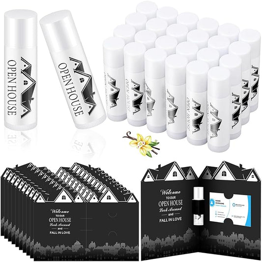25 Pcs Open House Lip Balm with Cards Real Estate Agent Supplies Lip Moisturizer Moisturizing Lip Balm Bulk Moisturizing Lip Balm Stick for Open House Business Advertising Events-VivaGrace Women