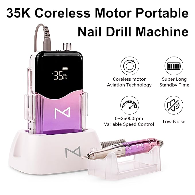 M Mase- Professional Nail Drill Machine - Coreless 2-in-1 Nail File - Electric, Cordless, 35000 RPM, HD Display - Electric Nail Drill for Professional & Home Use (Pink Gold)-VivaGrace Women