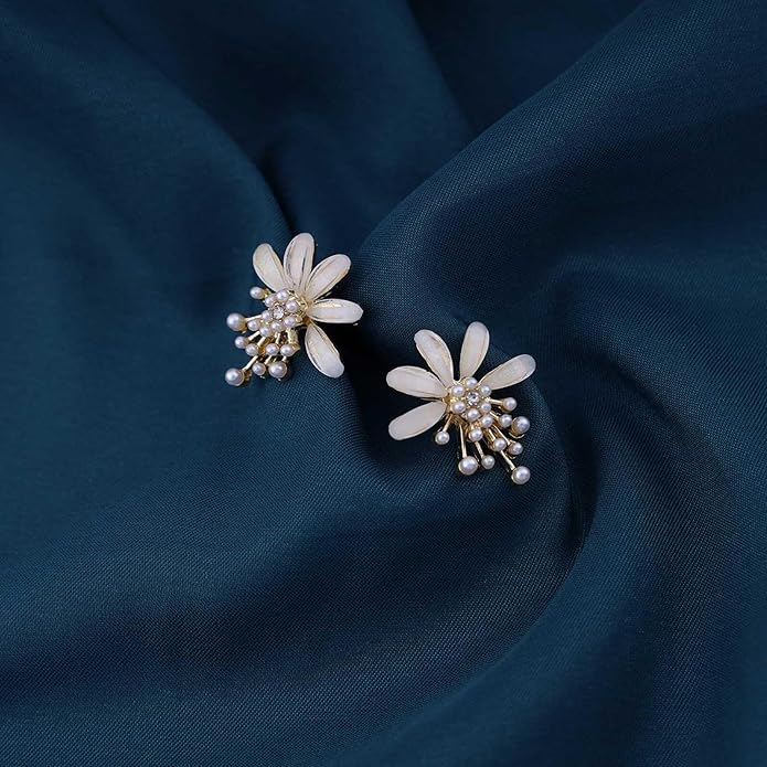 Vintage Flower Pearl Earrings Tiny Pearl Drop Earrings Enamel Flower Stud Earrings Gold Cluster Pearl Earrings Jewelry for Women-VivaGrace Women