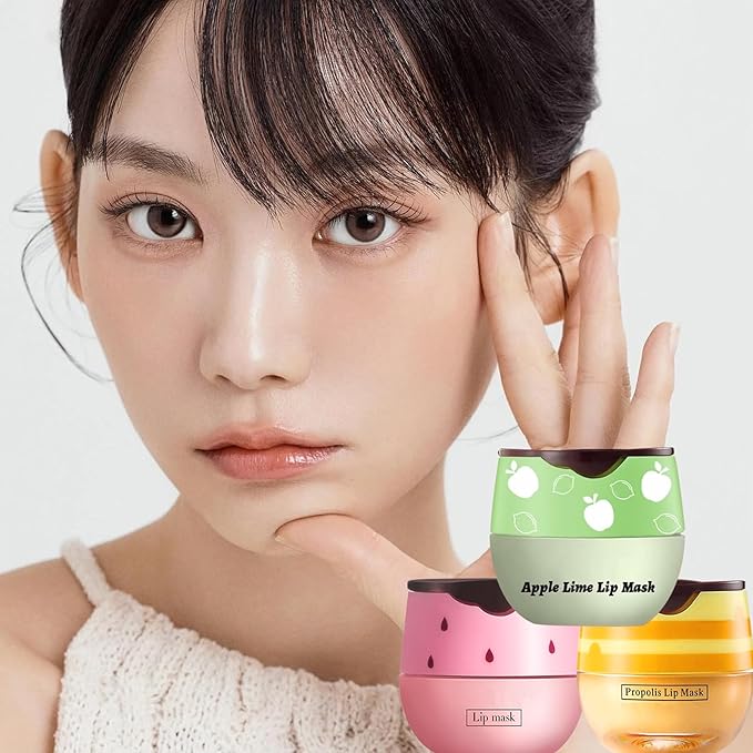3 PCS Bee Lip Balm Lip Mask Honey Pot, Honey & Strawberry & Apple Lime Lip Mask Propolis Moisturizing Lip Balm with Stick, Sleeping Lip Mask Hydrating Prevention Dry & Cracked Lip Scrubs-VivaGrace Women
