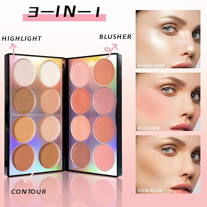 16 Colors Blush Contour Highlighter Makeup Palette with Brush, Matte Mineral Face Blush Powder for Cheek, Bright Shimmer Illuminator Bronzer Professional Facial Beauty Makeup Blushes Set-VivaGrace Women