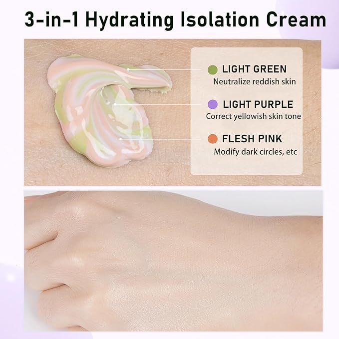 Primer Face Makeup Base, 3 In 1 Isolation Cream Color Corrector, Makeup Primer Skin Tone Correcting and Brightening Primer, Oil Control Moisturizing Face Primer to Hide Wrinkles and Fine Lines-VivaGrace Women