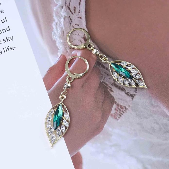 Vintage Crystal Emerald Leaf Dangle Earrings Green Rhinestone Leaf Drop Earrings Green Cz Leaf Earrings Crystal Leaf Hoop Earrings Jewelry for Women-VivaGrace Women