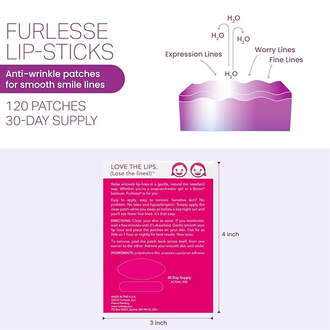 Furlesse Lip-Sticks Wrinkle Patches, Overnight Anti-Wrinkle Patches for Smile Lines, Fine Lines, and Expression Lines, Non-invasive Lip Patches, Anti-aging Skincare, 120 Patches, 30-Day Use-VivaGrace Women