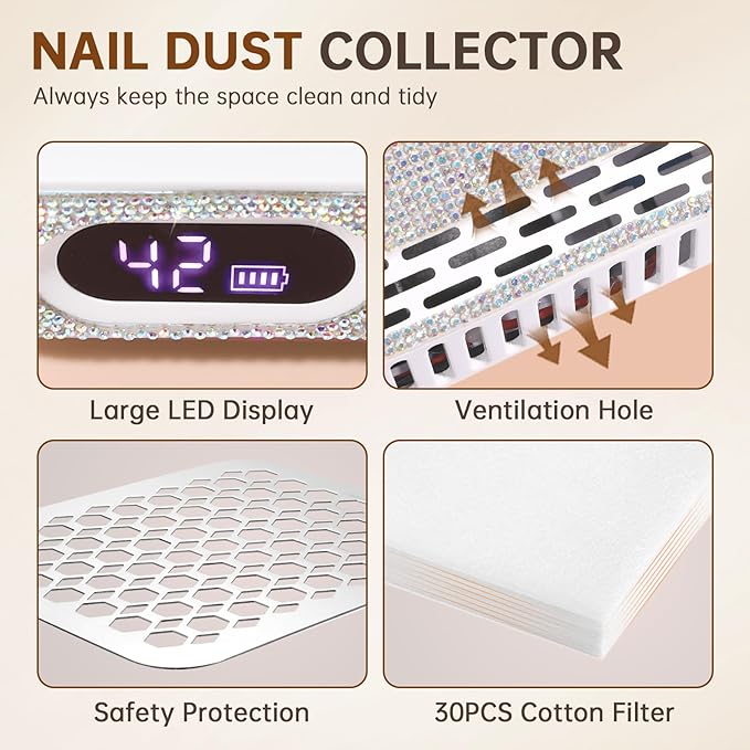 Nail Dust Collector, Rechargeable Dust Collector Nail Tech, Powerful Vacuum Fan Vent Dust Collector Extractor Dust Suction Machine for Acrylic Nails Polishing, Nail Salon&Home, White-VivaGrace Women