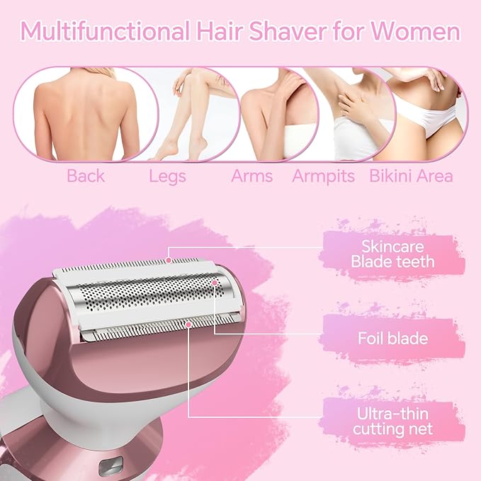 Electric Razor for Women, 4-in-1 Bikini Trimmer & Body Shaver for Face, Legs, Underarms, Pubic Hair, Rechargeable Wet/Dry Painless Hair Removal with LED Light & Travel Lock-VivaGrace Women