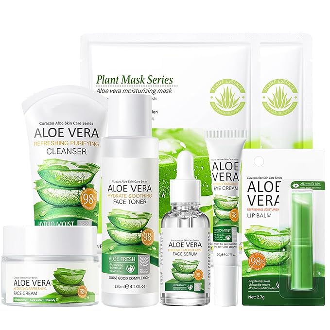 8Pcs Skin Care Products Set, Aloe Vera Skin Care Sets, Skin Care Gift Set for Women Girls, Skincare Routine Set, Face Care Kit with Cleanser, Mask, Toner, Serum, Lip Balm, Eye Cream, Moisturizer-VivaGrace Women