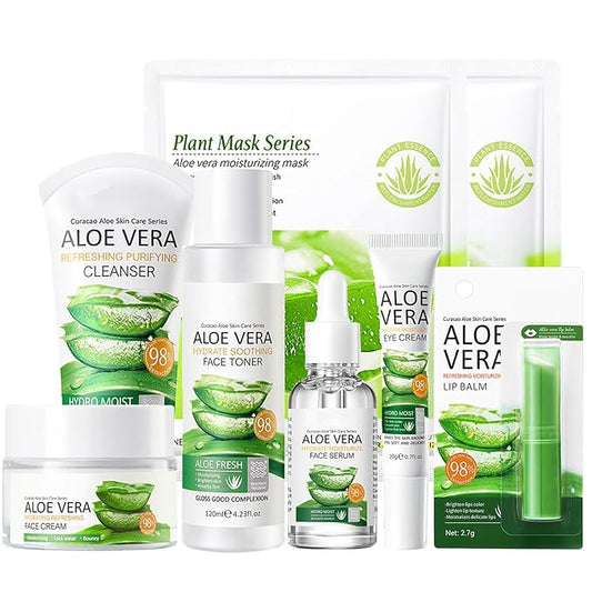 8Pcs Skin Care Products Set, Aloe Vera Skin Care Sets, Skin Care Gift Set for Women Girls, Skincare Routine Set, Face Care Kit with Cleanser, Mask, Toner, Serum, Lip Balm, Eye Cream, Moisturizer-VivaGrace Women
