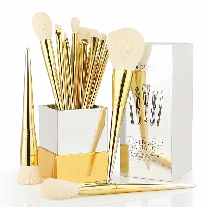 DUcare Makeup Brushes 15Pcs Makeup Brush Set with Holder Premium Synthetic Powder Foundation Contour Blush Concealer Eye Shadow Blending Liner Make Up Brush Kit gold-silver-VivaGrace Women